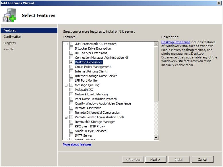 Windows Server 2008 Desktop Experience Feature